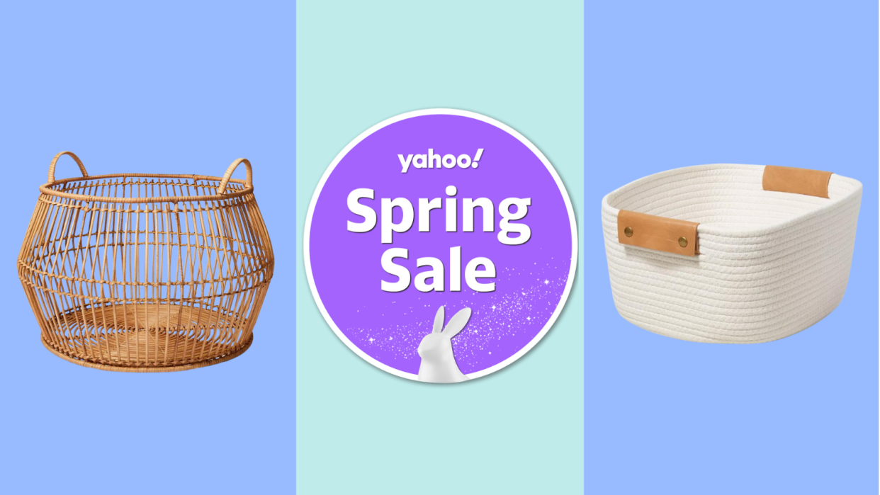 a straw storage basket and a white woven square-shaped basket on either side of a purple circle that reads: Yahoo! Spring Sale