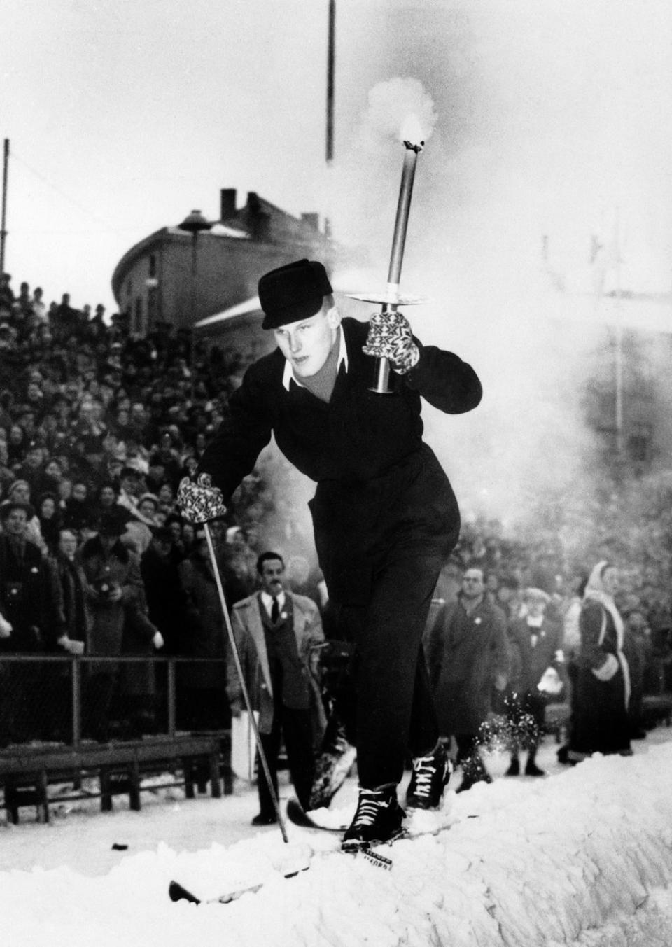 <p>The grandson of Norwegian explorer Fridtjof Nansen arrives in Oslo during the Winter Olympics in 1952 to deliver the Olympic flame. Months prior to the start of the games, the Olympic flame is first lit in Olympia, Greece. </p>