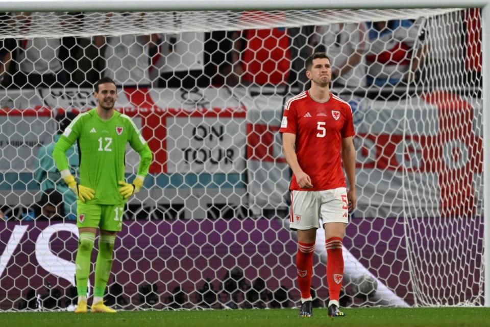 Danny Ward and Chris Mepham reacts after conceding a second goal (AFP/Getty)