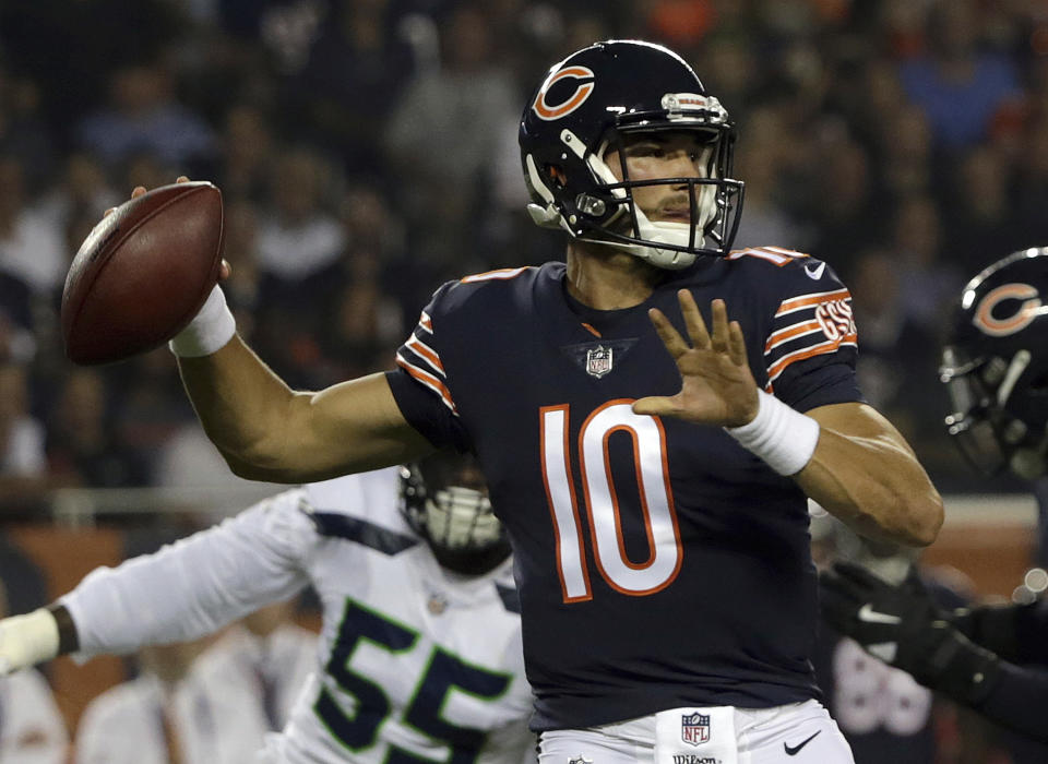 Chicago Bears quarterback Mitchell Trubisky (10) throws a pass during the first half of an NFL football game against the Seattle Seahawks Monday, Sept. 17, 2018, in Chicago. (AP)