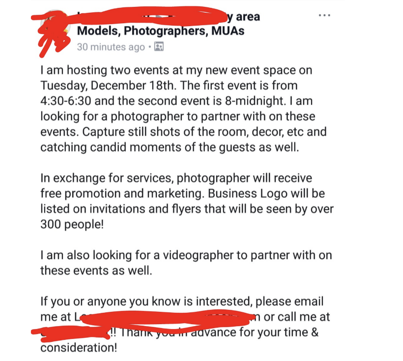 "In exchange for services, photographer will receive free promotion and marketing."
