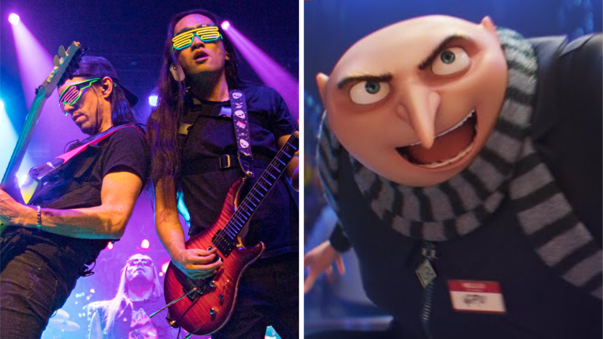  Photo of Dragonforce onstage, next to a screenshot from Despicable Me 4. 