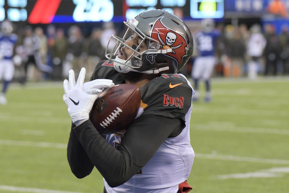 Tampa Bay Buccaneers' Mike Evans catches a pass for touchdown during the second half of the team's NFL football game against the New York Giants, Sunday, Nov. 18, 2018, in East Rutherford, N.J. (AP Photo/Bill Kostroun)