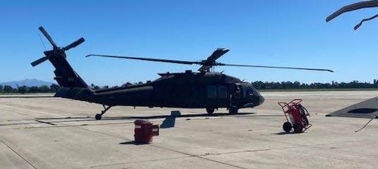 A California Nation Guard Blackhawk helicopter prepared to support San Bernardino County and state agencies to assist communities impacted by recent winter storms in the local mountains.