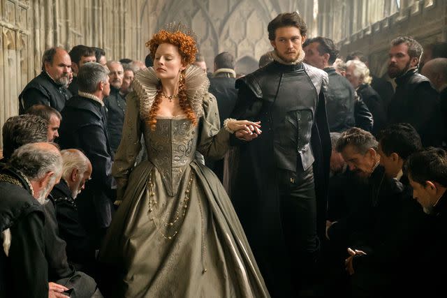 <p>Liam Daniel/Focus Features/Kobal/Shutterstock </p> Margot Robbie as The Queen and Joe Alwyn as Robert Dudley in 'Mary Queen of Scots'.