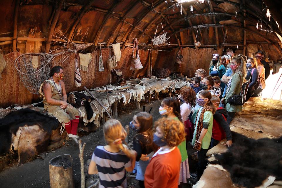 A group of children inside at Plimoth Patuxet Museums