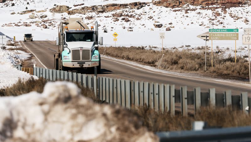 Tanker truck drives on U.S. Route 191 near Martin and Helper on March 29, 2023.