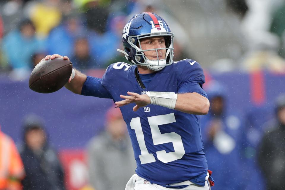 New York Giants quarterback Tommy DeVito (15) passes the ball during the first half against the New York Jets, Sunday, Oct. 29, 2023, in East Rutherford, N.J. (AP Photo/Adam Hunger)