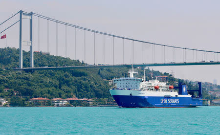 Denmark's DFDS owned Kaunas Seaways sets sail in the Bosphorus Straight, on its way to the Black Sea, in Istanbul, Turkey June 1, 2017. Picture taken June 1, 2017. REUTERS/Yoruk Isik