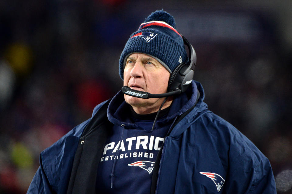 FOXBOROUGH, MASSACHUSETTS - DECEMBER 08: Head coach Bill Belichick of the New England Patriots looks on during the game against the Kansas City Chiefs at Gillette Stadium on December 08, 2019 in Foxborough, Massachusetts. (Photo by Kathryn Riley/Getty Images)