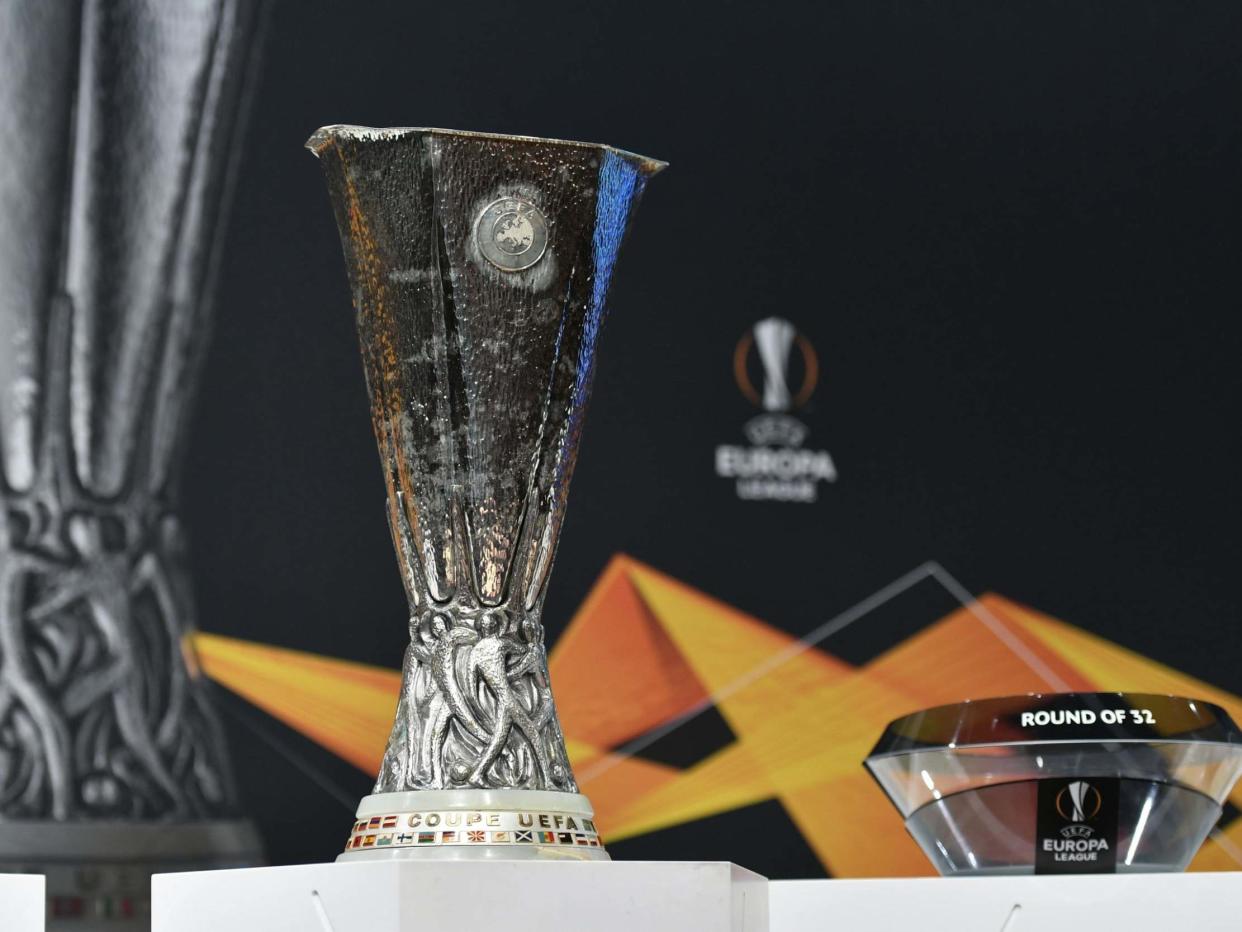 The UEFA Europa League football cup trophy: AFP via Getty Images