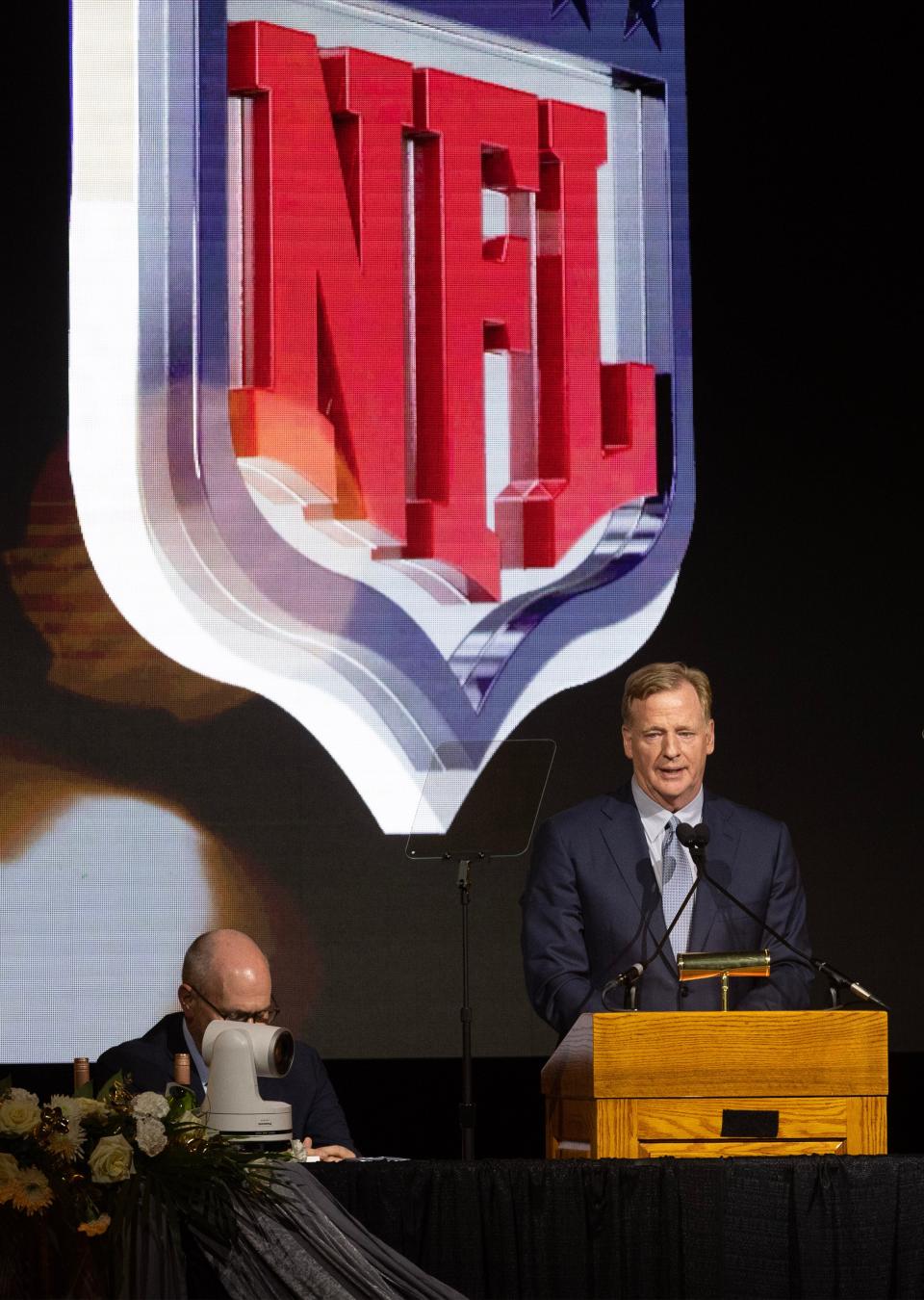 Roger Goodell commissioner of the National Football League speaks at the 2023 Hall of Fame Enshrinees' Gold Jacket Dinner held at the Canton Civic Center. 