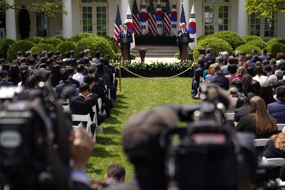 President Joe Biden and South Korea's President Yoon Suk Yeol attend a news conference in the Rose Garden of the White House Wednesday, April 26, 2023, in Washington. (AP Photo/Andrew Harnik)