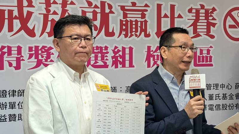 戒菸者有5成復抽  醫師給提醒 2024戒菸就贏比賽16日舉行公開檢測暨頒獎典禮，高 雄榮民總醫院戒菸治療管理中心主任薛光傑（左）提 醒，戒菸者有5成可能因心情差壓力大、朋友請難推 辭等原因復抽，親友可多支持少碎念。 中央社記者曾以寧攝  113年6月16日 