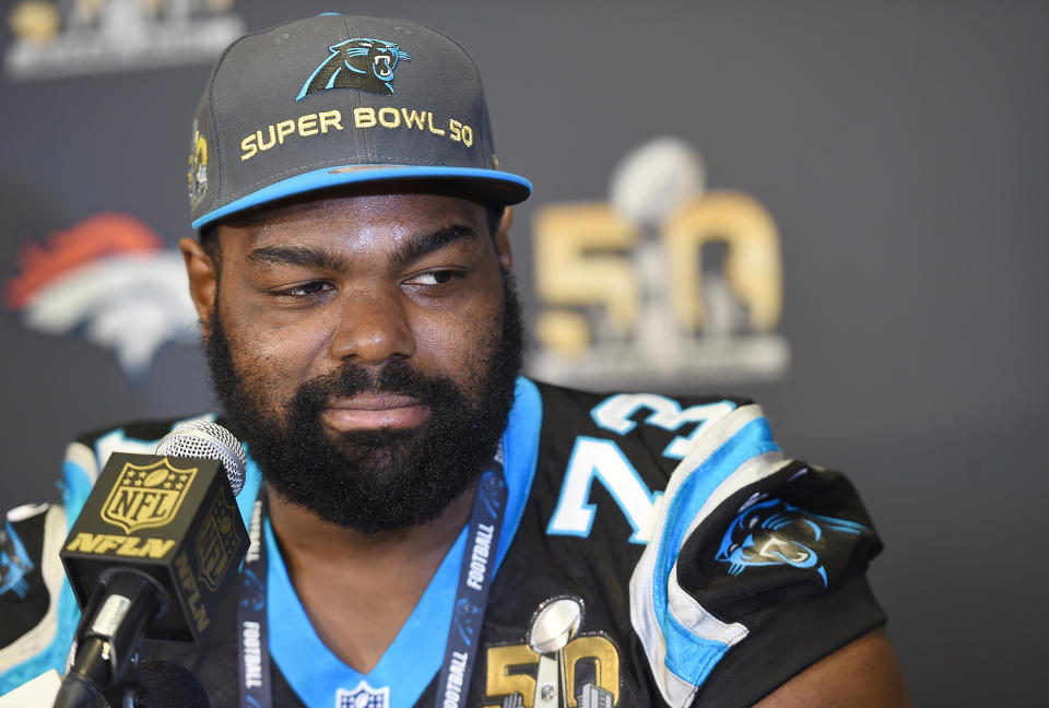 SAN JOSE, CA - FEBRUARY 02:  Tackle Michael Oher #73 of the Carolina Panther addresses the media prior to Super Bowl 50 at the San Jose Convention Center/ San Jose Marriott on February 2, 2016 in San Jose, California.  (Photo by Thearon W. Henderson/Getty Images)