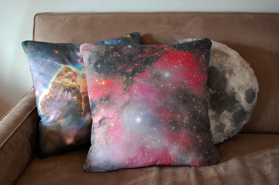 This image taken on November 6, 2012 provided by Pillars of Creation shows galaxy pillow covers (www.etsy.com/shop/pillarsofcreation) printed with images from the Hubble telescope in Portland, Oregon. (AP Photo/Pillars of Creation, Rachel Jacks)