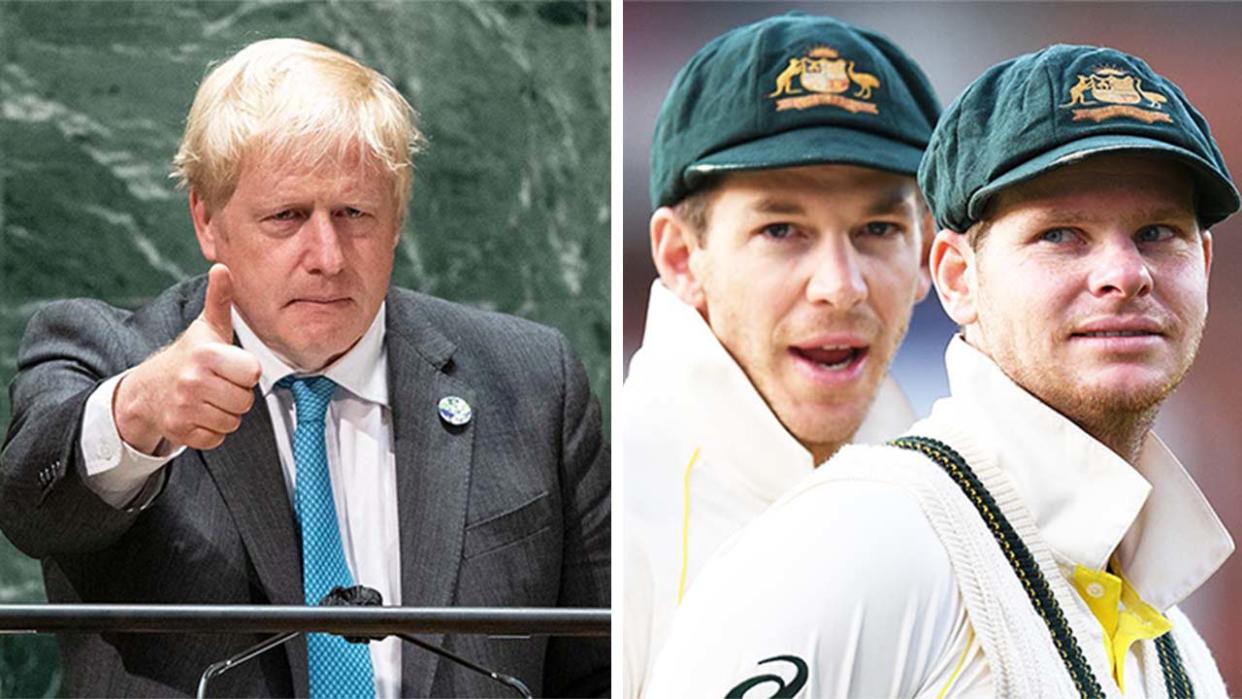 UK Prime Minister Boris Johnson (pictured left) during the UN meeting and (pictured right) Tim Paine and Steve Smith during a match.