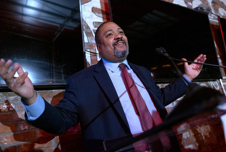 Alvin Bragg speaks to his supporters in New York City on Tuesday.  (AP Photo/Craig Ruttle)