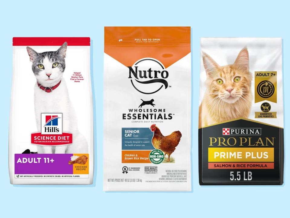 Three bags of the best senior cat food, including Nutro Wholesome Essentials Senior Chicken and Brown Rice Recipe, Purina Pro Plan Prime Plus Salmon and Rice Formula, and Hill's Science Diet Adult 11+ Chicken Recipe.