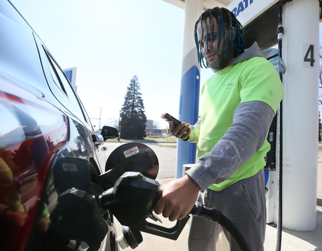 DeMarco Deck gets gas on March 2 at the Marathon Station at Second Street near Broad Boulevard in Cuyahoga Falls.