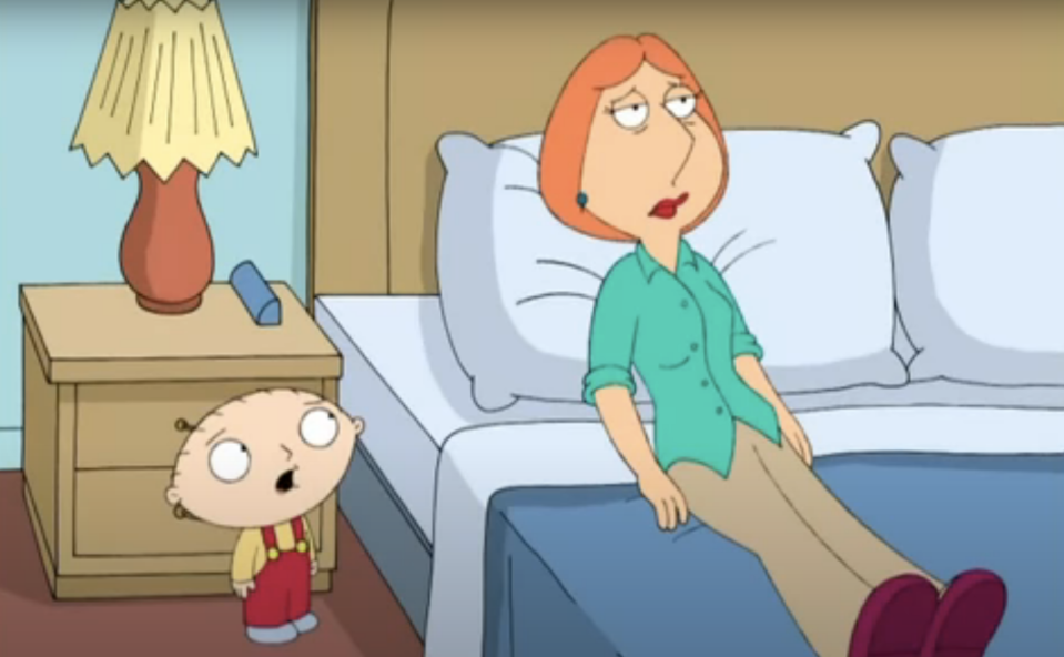 Stewie from Family Guy talking to him mom, who looks tired