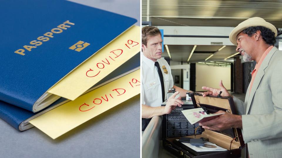 Two passports with paper slips saying Covid-19 in them on the left and a man showing his passport to an airport official on the right.