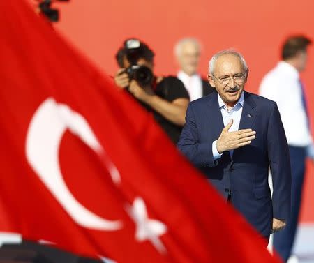 Turkey's main opposition Republican People's Party (CHP) leader Kemal Kilicdaroglu attends Democracy and Martyrs Rally, organized by Turkish President Tayyip Erdogan and supported by ruling AK Party (AKP), oppositions Republican People's Party (CHP) and Nationalist Movement Party (MHP), to protest against last month's failed military coup attempt, in Istanbul, Turkey, August 7, 2016. REUTERS/Osman Orsal