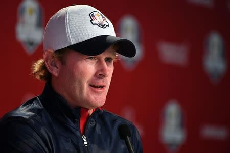 Sep 28, 2016; Chaska, MN, USA; Team USA golfer Brandt Snedeker addresses the media before their practice round for the 41st Ryder Cup at Hazeltine National Golf Club. Mandatory Credit: John David Mercer-USA TODAY Sports