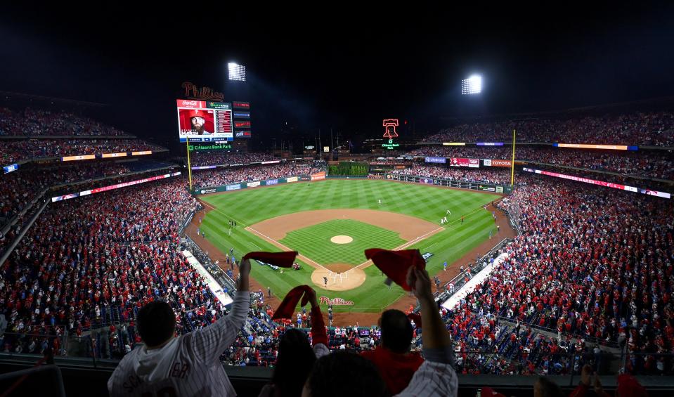 Philadelphia Phillies fans cheer from the upper desk at Citizens Bank Park before Game 4 of the NLCS on Oct. 22.