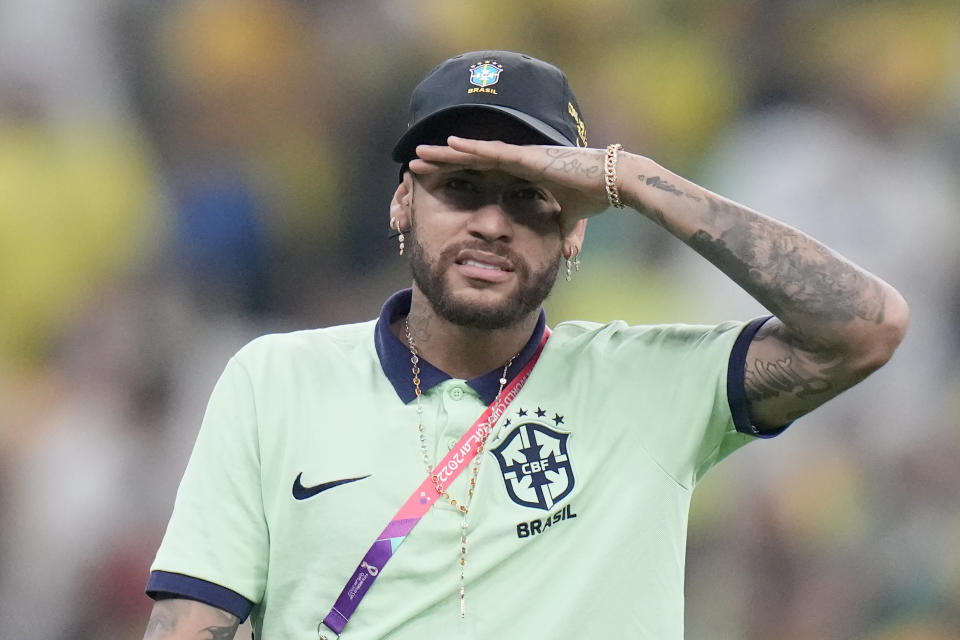 Brazil's Neymar gestures after the World Cup group G soccer match between Cameroon and Brazil, at the Lusail Stadium in Lusail, Qatar, Friday, Dec. 2, 2022. (AP Photo/Moises Castillo)