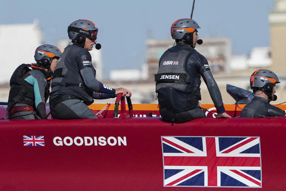 In this photo provided by Sail GP, the Great Britain SailGP Team, helmed by interim skipper Paul Goodison, practices in Taranto, Italy, June 1, 2021. The SailGP global road show touches down in Old Blighty this weekend, giving Goodison the opportunity to sail in front of home crowds for the first time since the 2012 London Olympics. The regatta on Plymouth Sound will also give Australia's Tom Slingsby the chance to bounce back from a last-place performance in the previous regatta, an unthinkable finish for the crack team that claimed the $1 million, winner-take-all prize during the inaugural season of 2019. (Bob Martin/SailGP via AP)