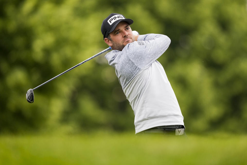 Canadian Corey Conners tees off on the 10th hole during the first round of the Canadian Open in Toronto on Thursday, June 8, 2023.(Andrew Lahodynskyj/The Canadian Press via AP)