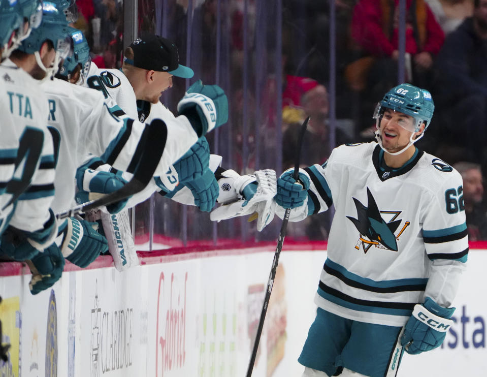 San Jose Sharks right wing Kevin Labanc (62) celebrates a goal against the Ottawa Senators during the second period of an NHL hockey game, Saturday, Jan. 13, 2024 in Ottawa, Ontario. (Sean Kilpatrick/The Canadian Press via AP)