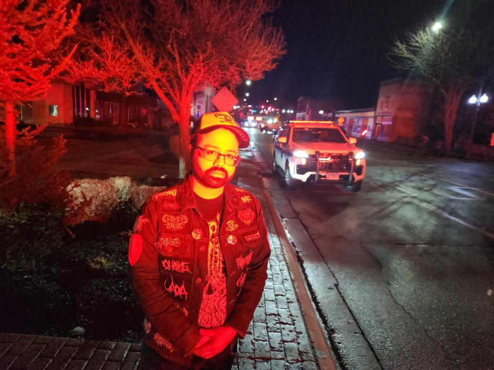 Hasib Neaz, 34 , of Des Plaines, along with other audience members helped lift heavy timbers, insulation and wood pieces off of others trapped after a roof collapsed during a concert Friday, March 31, 2023, at Belvidere's Apollo Theatre.