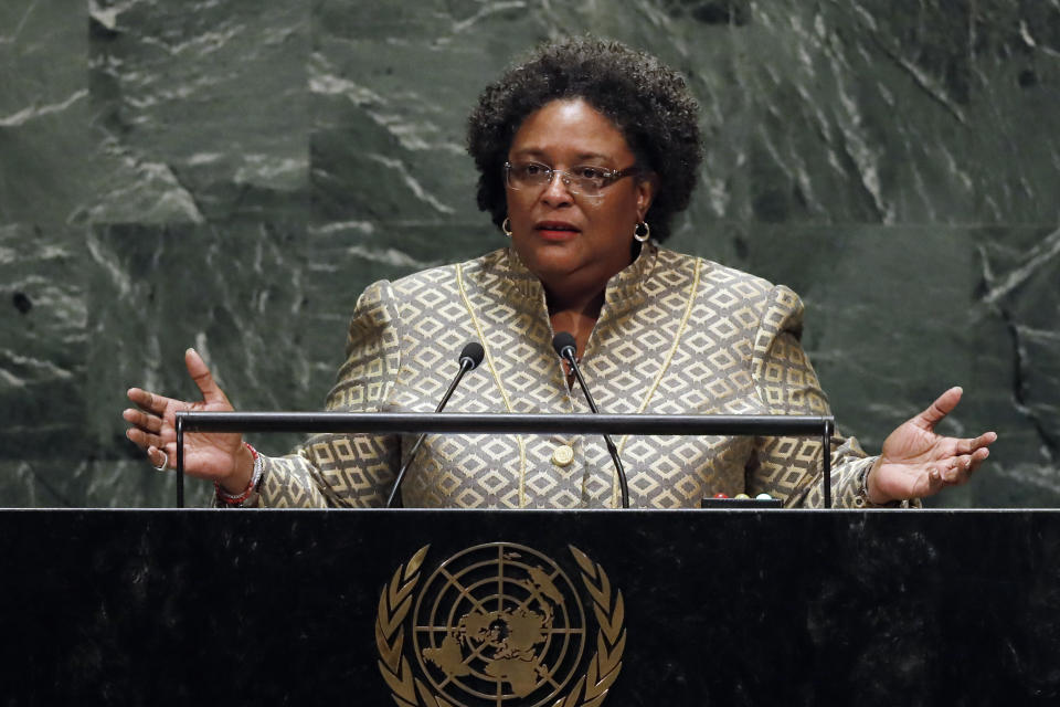 FILE - This Sept. 27, 2019, file photo shows Prime Minister Mia Amor Mottley, of Barbados, addressing the 74th session of the United Nations General Assembly. This year, in the pandemic era, the spectacle of the U.N. General Assembly is still happening at the United Nations, but remotely by video. (AP Photo/Richard Drew, File)