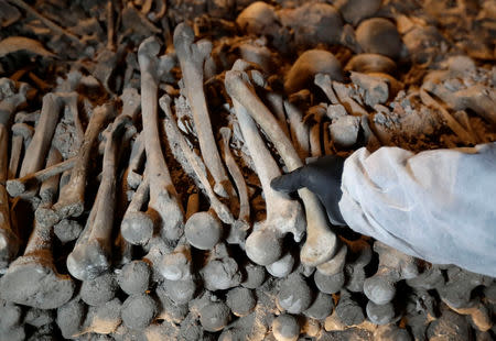 A restoration expert collects medieval bone remains in an effort to preserve the Sedlec Ossuary in Kutna Hora, Czech Republic, February 14, 2019. REUTERS/David W Cerny