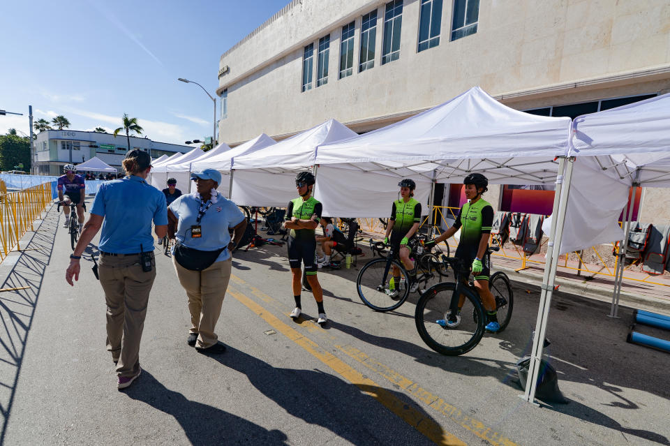 Scenes from the 2023 Miami Inventional: In the pits, riders are at the ready to be substituted