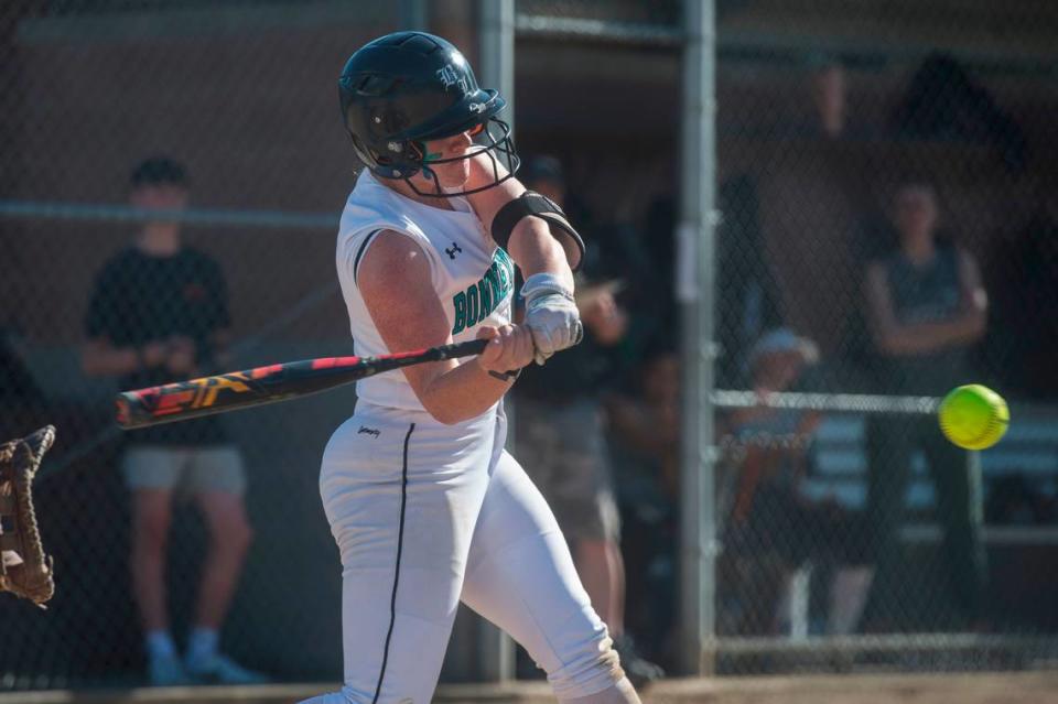 Bonney Lake outfielder Kyla Cross swings at a pitch in a nonleague softball game against Jackson on Friday, April 28, 2023 at Jackson High School in Mill Creek, Wash.