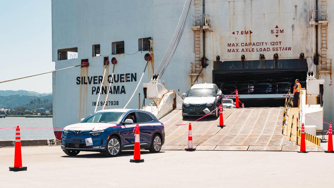 A shipment of VinFast VF 8 vehicles arrives at the Port of Benicia in California.