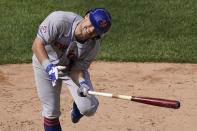 New York Mets' J.D. Davis reacts after being hit by a pitch from New York Yankees relief pitcher Aroldis Chapman in the ninth inning of a baseball game, Saturday, Aug. 29, 2020, in New York. (AP Photo/John Minchillo)