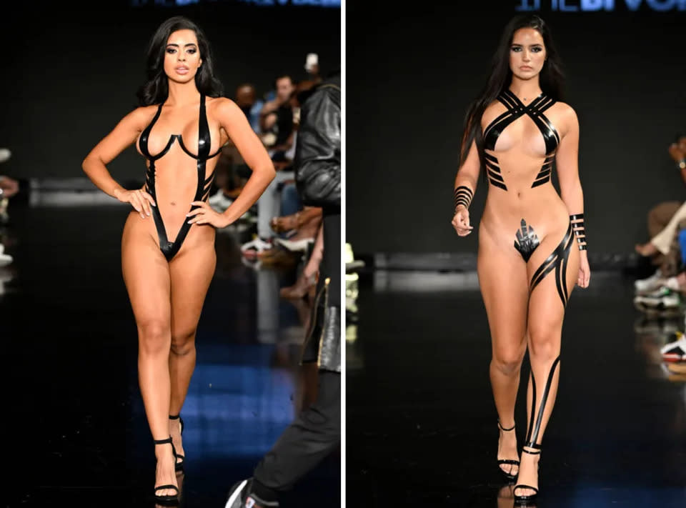 Models wear duct tape swimwear on a runway.