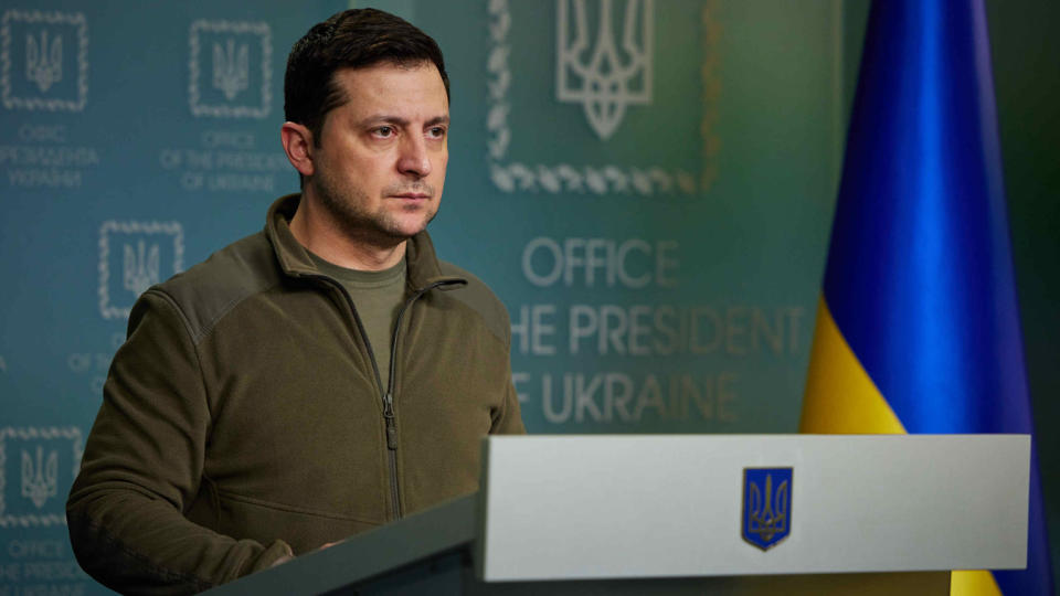 Ukraine's President Volodymyr Zelensky, in casual clothes, holds a press conference.