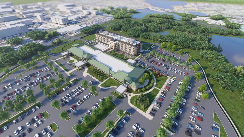 A rendering shows plans for Trinity Health's planned hospital near Brighton.