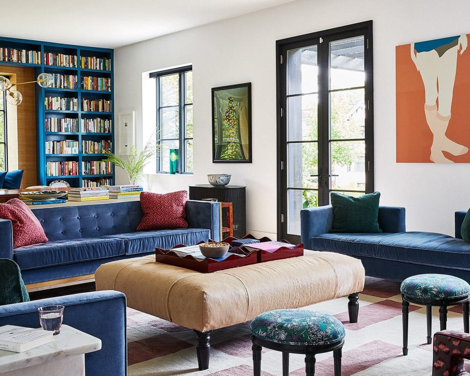 colorful blue pink and orange living room in pittsburgh house