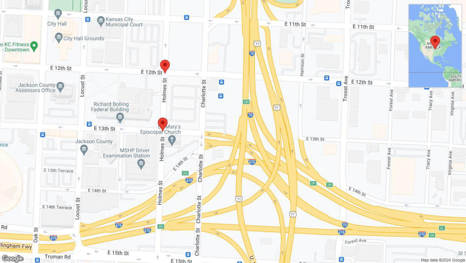 A detailed map that shows the affected road due to 'Holmes Street temporarily closed in Kansas City' on June 22nd at 2:43 p.m.