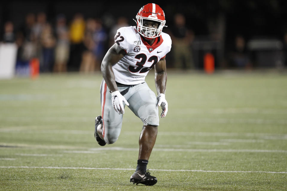 NASHVILLE, TN - AUGUST 31: Monty Rice #32 of the Georgia Bulldogs in action on defense during a game against the Vanderbilt Commodores at Vanderbilt Stadium on August 31, 2019 in Nashville, Tennessee. Georgia defeated Vanderbilt 30-6. (Photo by Joe Robbins/Getty Images)