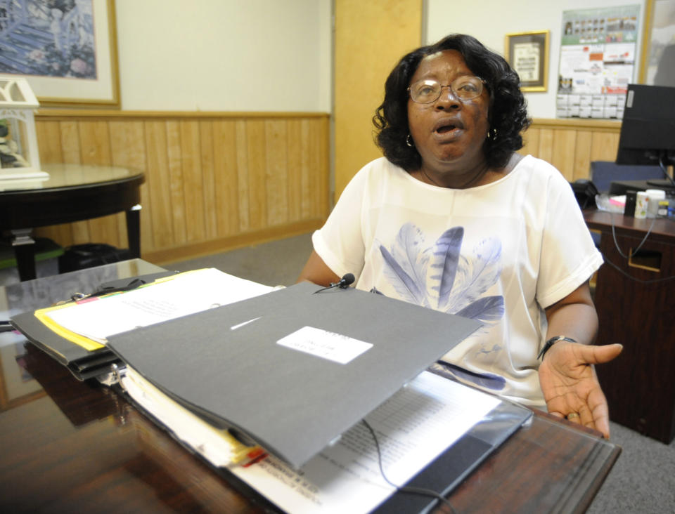 Anita Lewis, executive director of the Greene County Housing Authority, discusses the difficult recovery from a tornado earlier in the year at Branch Heights, a rural housing community, in Eutaw, Ala., Thursday, June 23, 2022. (AP Photo/Jay Reeves)