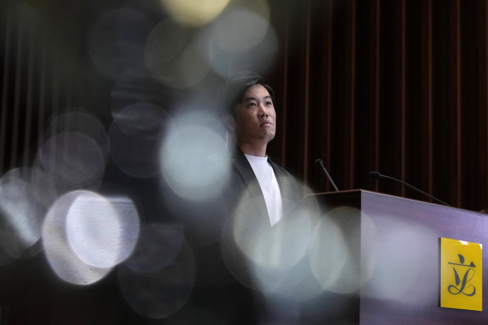 Lawmaker Cheng Chung-Tai pause during a press conference after being disqualified from the legislature in Hong Kong, Thursday, Aug. 26, 2021. Hong Kong authorities ousted Cheng from his seat Thursday after finding him to be insufficiently loyal amid Beijing’s tightening grip on the semi-autonomous city. (AP Photo/Vincent Yu)