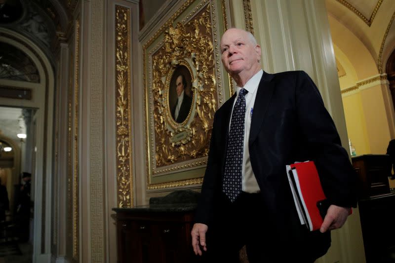 U.S. Senator Ben Cardin exits the chamber during a break during the Trump impeachment trial in Washington