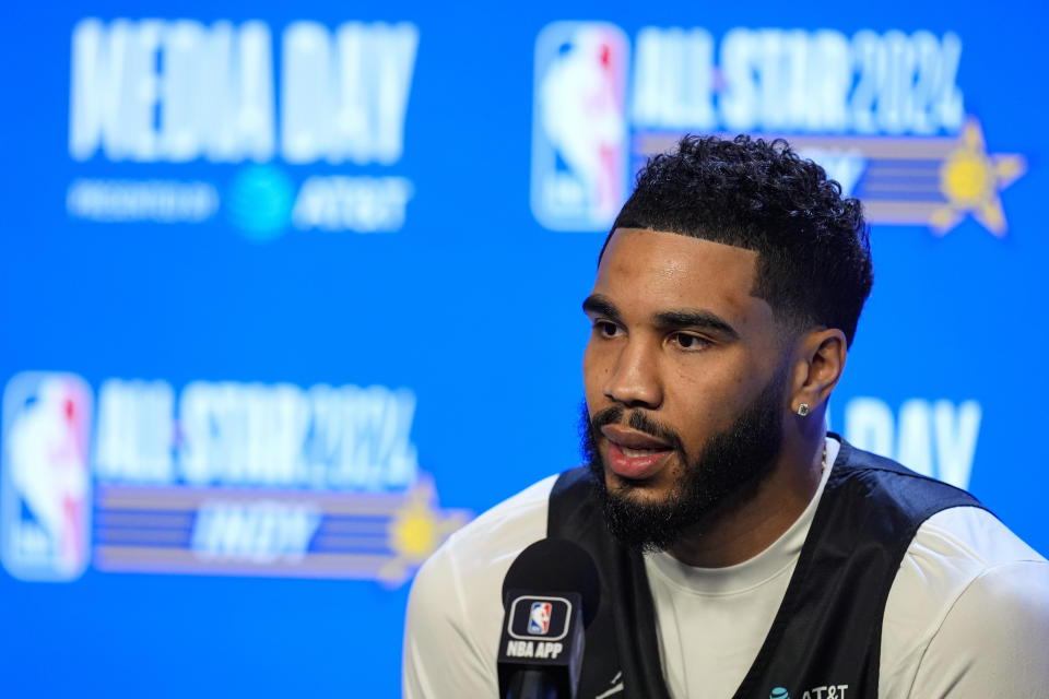 Boston Celtics forward Jayson Tatum answers a question during media day at the NBA All-Star basketball game in Indianapolis, Saturday, Feb. 17, 2024. (AP Photo/Michael Conroy)